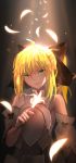  1girl absurdres armor bare_shoulders blonde_hair bow detached_sleeves fate/stay_night fate/unlimited_codes fate_(series) feathers flower green_eyes hair_bow hei_tong_shi highres lily_(flower) long_hair saber saber_lily smile solo 