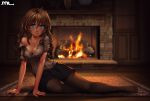  1girl arm_support artist_name bangs black_skirt blue_eyes blush breasts brown_hair brown_legwear buttons cleavage collarbone curly_hair erect_nipples eyelashes fire fireplace full_body globe hair_between_eyes indoors jewelry long_hair looking_at_viewer lying miniskirt mleth necklace no_bra no_shoes off_shoulder on_floor on_side original panties pantyhose pantyshot pendant reclining rug shirt short_sleeves skirt sleeves_folded_up smile solo stone toes underwear white_shirt wooden_floor 