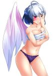  1girl angel_wings blush breasts budget_sarashi cleavage female highres hitotsuki_nebura kishin_sagume large_breasts panties pink_eyes purple_panties sarashi silver_hair single_wing solo tears touhou underwear wings 