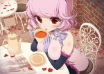  1girl arm_support bare_shoulders between_breasts black_gloves breasts chair cup elbow_gloves gloves hand_between_breasts looking_at_viewer original petals pink_hair red_eyes short_hair sitting solo suzune_rai tea teacup 
