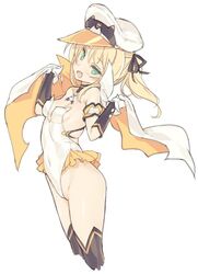  1girl black_legwear blade_(galaxist) blonde_hair breasts cape choker cleavage covered_navel fang gloves green_eyes hair_ribbon hat highleg highleg_leotard jpeg_artifacts leotard original ribbon side_ponytail smile solo thigh-highs white_gloves 