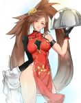 1girl arm_strap bare_shoulders brown_eyes brown_hair china_dress chinese_clothes covered_navel dress gloves groin guilty_gear hair_ornament hair_ring highres kenshin187 kuradoberi_jam long_hair solo twintails