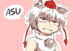  1girl angry animal_ears clenched_teeth dog_ears fangs hat inubashiri_momiji kapiten70 pink_background pom_pom_(clothes) profanity red_eyes short_hair simple_background solo teeth tokin_hat touhou white_hair wolf_ears 