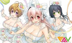  3girls artist_request character_request female food looking_at_viewer macaron multiple_girls nitroplus official_art super_sonico tagme 