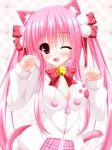  1girl bells blush fang female happy hood hoodie long_hair pink_eyes pink_hair ribbon shocchan_(sanymph) tail twintails wink yuunagi_amane 