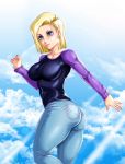  1girl android_18 artist_name ass back blonde_hair breasts dragon_ball dragonball_z female large_breasts looking_at_viewer r3ydart short_hair solo white_background 