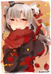  1girl amatsukaze_(kantai_collection) autumn autumn_leaves blush brown_coat brown_eyes coat hair_between_eyes hair_tubes kantai_collection kumahara leaf long_hair looking_at_viewer red_scarf scarf silver_hair smile solo twitter_username two_side_up upper_body windsock 