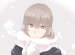  brown_hair grey_eyes long_hair mittens pale_skin scarf simple_background smile touma_kisa 