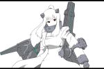  1girl commentary_request gun holding holding_weapon horns kantai_collection mechanist08 monochrome northern_ocean_hime older original red_eyes solo spot_color translation_request upper_body weapon 
