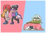  2girls 3girls aori_(splatoon) boots cat denim domino_mask earrings fangs food green_eyes hands_in_pockets hotaru_(splatoon) jajji-kun_(splatoon) jeans jewelry kotatsu long_hair mask mole mole_under_eye multiple_girls nintendo octarian open_mouth pants pantyhose pointy_ears redhead scarf scarf_over_mouth seki_(red_shine) smile splatoon table takozonesu tentacle_hair winter_clothes 