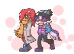  2girls aori_(splatoon) boots denim domino_mask earrings green_eyes hands_in_pockets jeans jewelry long_hair mask mole mole_under_eye multiple_girls octarian open_mouth pants pantyhose pointy_ears redhead scarf scarf_over_mouth seki_(red_shine) smile splatoon takozonesu tentacle_hair winter_clothes 