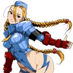 1girl blonde_hair braid breasts cammy_white chiisan female hat leotard long_hair simple_background smile solo street_fighter twin_braids 