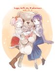  2girls akemi_homura alternate_costume bear boots happy_birthday kaname_madoka long_hair mahou_shoujo_madoka_magica multiple_girls ogi_(sham00) pink_hair purple_hair short_hair skirt smile stuffed_animal stuffed_toy teddy_bear twintails violet_eyes 