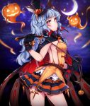  1girl animal_ears bare_back belt blue_hair brown_eyes cloak crescent_moon earrings error erun_(granblue_fantasy) ferry_(granblue_fantasy) gloves granblue_fantasy halloween halloween_costume hat jack-o&#039;-lantern jacket_on_shoulders jewelry long_hair looking_back maru_(sw1tch) mini_hat mini_top_hat moon night no_panties rabbit_ears skirt solo star_(sky) striped striped_skirt top_hat whip 