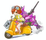  1girl brown_hair closed_mouth driving goggles goggles_on_head ground_vehicle gun jacket mark_sieben mecha motor_vehicle rifle sakaki_tsui scooter shoes short_hair shorts simple_background smoke_trail sniper_rifle solo soukyuu_no_fafner sweatdrop toomi_maya vehicle vespa weapon yellow_eyes 