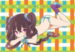  1girl amari amari_mawari black_hair blush feet hair_between_eyes hair_ornament highres kuroda_bb long_hair looking_at_viewer lying mismatched_legwear no_shoes socks solo twintails violet_eyes 