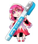  1girl :d eyebrows_visible_through_hair final_fantasy full_body hood hood_up looking_at_viewer open_mouth oversized_object pen pink_eyes pink_hair shinapuu shoes smile solo standing translation_request white_mage white_robe white_shoes wide_sleeves 