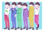  6+boys :&lt; :3 aqua_background bowl_cut brothers clothes_around_waist crossed_arms dokkoi_shoo hand_in_pocket high_collar jacket jacket_around_waist jitome jumpsuit lineup male_focus matsuno_choromatsu matsuno_ichimatsu matsuno_juushimatsu matsuno_jyushimatsu matsuno_karamatsu matsuno_osomatsu matsuno_todomatsu messy_hair multiple_boys osomatsu-kun osomatsu-san polka_dot polka_dot_background salute siblings smile two-finger_salute v 
