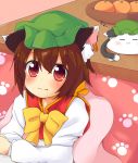  1girl :3 chen chinoru commentary_request fang highres kotatsu lying on_stomach solo table touhou under_kotatsu under_table zzz 