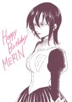  1girl breasts buttons dress gloves greyscale hair_between_eyes happy_birthday harumiya long_sleeves medium_breasts merlin_(nanatsu_no_taizai) mole mole_under_eye monochrome nanatsu_no_taizai puffy_long_sleeves puffy_sleeves short_hair 