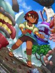  1girl ajna_(indivisible) ankle_wraps beads bike_shorts bleeding blood brown brown_hair cuts dark_skin draw-till-death hair_ornament highres indivisible injury monster sandals scar short_hair solo standing tan 