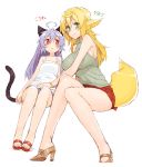  2girls ahoge angelo_(gomahangetsu) animal_ears blonde_hair breasts cat_ears cat_tail cornet-san_(angelo) flat_chest fox_ears fox_tail green_eyes highres huge_ahoge kaori-san_(angelo) large_breasts looking_at_viewer multiple_girls original purple_hair red_eyes simple_background smile tail white_background 