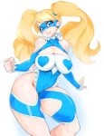  1girl 90s bare_shoulders blonde_hair blue_eyes breasts cleavage cleavage_cutout clenched_hand domino_mask female heart highres large_breasts leotard lips long_hair mask rainbow_mika slugbox smile solo sparkle street_fighter street_fighter_zero street_fighter_zero_3 thick_thighs thighs twintails wrestling_outfit 