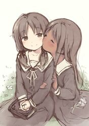  2girls arm_holding blush cheek-to-cheek closed_eyes dark_skin dress hands_clasped highres incipient_kiss interracial kyuri long_hair low_twintails multiple_girls original sailor_dress sketch smile tan twintails yuri 