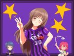  3girls blue_hair brown_eyes brown_hair flx highres idolmaster idolmaster_cinderella_girls j._league long_hair md5_mismatch multiple_girls murakami_tomoe nitta_minami one_eye_closed redhead sanfrecce_hiroshima short_hair smile soccer soccer_uniform sportswear star w wakui_rumi 