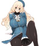  1girl angelo_(gomahangetsu) arm_support atago_(kantai_collection) beret between_legs black_gloves blonde_hair blush breasts buttons cravat female frilled_sleeves frills gloves green_eyes hair_between_eyes hand_between_legs hat head_tilt highres kantai_collection large_breasts long_hair long_sleeves looking_at_viewer military military_uniform panties panties_under_pantyhose pantyhose sitting smile solo underwear uniform very_long_hair 