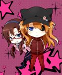  &gt;:( 2girls animal_ears animal_hat annoyed badge bangs black_hair blue_eyes blush bodysuit breasts brown_hair button_badge cabbie_hat chibi colored_eyelashes covered_navel duct_tape evangelion:_3.0_you_can_(not)_redo eyepatch fake_animal_ears frown glasses gloves grin hair_over_shoulder hairband hands_in_pockets hat hat_ornament jacket kurot leaning_forward long_hair looking_at_viewer low_twintails makinami_mari_illustrious multiple_girls neon_genesis_evangelion orange_hair parted_bangs pilot_suit plugsuit polka_dot polka_dot_background purple_background rebuild_of_evangelion red-framed_eyewear red-framed_glasses semi-rimless_glasses single_vertical_stripe small_breasts smile souryuu_asuka_langley sparkle standing star starry_background track_jacket twintails under-rim_glasses zipper 