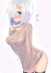  1girl black_legwear blue_eyes blush bottomless chestnut_mouth clothes_pull collarbone cowboy_shot flying_sweatdrops hair_ornament hair_over_one_eye hairclip hamakaze_(kantai_collection) highres ichijou_(kr_neru0) kantai_collection leaning_forward long_sleeves looking_at_viewer parted_lips short_hair silver_hair sleeves_past_wrists solo standing sweater sweater_pull thigh-highs trembling 