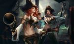  2girls bare_shoulders black_hair breasts cleavage detached_sleeves dual_wielding gun handgun hat katarina_du_couteau large_breasts league_of_legends long_hair looking_at_viewer midriff multiple_girls navel phong_anh pirate pirate_hat redhead sarah_fortune smile sword weapon 