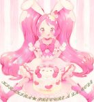  1girl animal_ears boots bow cake cake_hat choker cure_whip dress eyebrows_visible_through_hair food fork frills fruit gloves hatsuga_(oyayubi_itai2) heart holding holding_fork holding_knife kirakira_precure_a_la_mode knife licking_lips long_hair long_twintails pink_boots pink_bow pink_dress pink_eyes pink_hair precure puffy_sleeves rabbit_ears sitting solo star strawberry striped striped_background text tongue tongue_out twintails usami_ichika very_long_hair white_gloves 