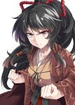  &gt;:( 1girl bangs black_hair blush breasts clenched_hands commentary_request e.o. frown hakama highres japanese_clothes kimono long_hair long_ponytail looking_at_viewer medium_breasts miko original ponytail red_eyes solo very_long_hair 