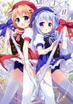  2girls :o bangs beret blue_bow blue_hair blush bow bowtie brown_hair chestnut_mouth clock double-breasted eyebrows frills from_below gochuumon_wa_usagi_desu_ka? hair_ornament hairclip hat holding holding_spoon hoto_cocoa kafuu_chino long_hair looking_at_viewer matching_outfit multiple_girls nagayama_yuunon old_school_swimsuit open_mouth oversized_object panties pantyshot pantyshot_(standing) puffy_short_sleeves puffy_sleeves rabbit red_bow ribbon roman_numerals school_swimsuit shirt short_sleeves skirt spoon standing star striped striped_bow striped_bowtie swimsuit swimsuit_under_clothes thigh-highs underwear upskirt very_long_hair vest violet_eyes white_legwear white_shirt wrist_cuffs x_hair_ornament 