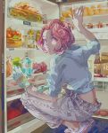  1girl alcohol bag bangs_pinned_back blue_shirt bottle chicken_(food) downpants egg food fruit gloves hair_ornament hairclip hood hood_down indoors kofuku looking_away looking_to_the_side lowres melon noragami panties pants pink_hair qiqi9658223 refrigerator shirt shoes short_hair single_glove solo squatting tomato underwear violet_eyes white_gloves white_shoes yellow_panties 