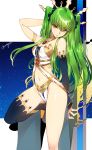  1girl armband bare_shoulders breasts c.c. cleavage code_geass cosplay creayus elbow_gloves fate/grand_order fate_(series) gloves green_hair groin ishtar_(fate/grand_order) ishtar_(fate/grand_order)_(cosplay) midriff navel single_elbow_glove single_thighhigh solo thigh-highs tohsaka_rin twintails yellow_eyes 