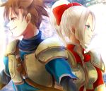  1girl armor belt blue_eyes breasts brown_hair character_request coat dragon_quest dragon_quest_heroes long_hair meer_(dqh) open_mouth ponytail ribbon short_hair shoulder_pads smile violet_eyes 