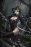  1girl armor blonde_hair branch cleavage_cutout gorget greaves helmet japanese_armor kabuto katana lipstick looking_to_the_side makeup mask_shounen pale_skin pauldrons sandals short_hair sword thigh-highs tree water waterfall weapon yellow_eyes 