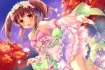  1girl autumn_leaves beads blush brown_eyes brown_hair clover cross-laced_footwear detached_sleeves dress dutch_angle flower four-leaf_clover hair_flower hair_ornament high_heels idolmaster idolmaster_cinderella_girls jewelry necklace ogata_chieri open_mouth puffy_sleeves short_hair sidelocks skirt_hold smile solo standing standing_on_one_leg strapless strapless_dress suimya tree twintails water 