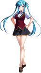 1girl aqua_hair bare_legs bishop_(company) blue_hair breasts brown_footwear closed_mouth eyebrows_visible_through_hair female full_body hair_ribbon hands_on_hips highres kagami_hirotaka loafers long_hair looking_at_viewer mesu_kyoushi_4 miniskirt neck_ribbon no_legwear no_socks pink_eyes pleated_skirt ribbon shiny_hair shirt shoes short_sleeves sidelocks simple_background skirt solo standing takamine_miyu tied_hair transparent_background twintails vest vest_over_shirt white_shirt