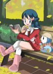  1girl blue_eyes blue_hair boots feet female hainchu hat hikari_(pokemon) long_hair nintendo piplup pokemon sketch smile 