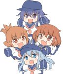  4girls :d akatsuki_(kantai_collection) black_legwear blue_eyes brown_eyes brown_hair commentary_request dress fang flat_cap folded_ponytail hair_ornament hairclip hat hibiki_(kantai_collection) ikazuchi_(kantai_collection) inazuma_(kantai_collection) kantai_collection kotanuki_(kotanukiya) kotanuki_329 long_hair long_sleeves multiple_girls neckerchief open_mouth ponytail purple_hair sailor_collar sailor_dress short_hair silver_hair sleeves_past_wrists smile younger 