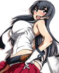  1girl agano_(kantai_collection) bare_shoulders belt black_hair blush breasts commentary_request female from_side gloves green_eyes kantai_collection kobamiso_(kobalt) large_breasts long_hair looking_at_viewer midriff navel open_mouth panties pleated_skirt red_skirt school_uniform serafuku simple_background skirt solo tears underwear white_background white_gloves white_panties 