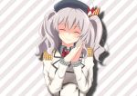  1girl ^_^ closed_eyes diagonal_stripes epaulettes frilled_sleeves frills hands_together head_tilt highres kantai_collection kashima_(kantai_collection) onoderaiser ribbon silver_hair solo striped striped_background twintails 
