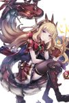  1girl black_legwear blonde_hair boots cagliostro_(granblue_fantasy) comic dragon granblue_fantasy long_hair looking_at_viewer pokimari smile thigh-highs violet_eyes 