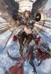  1girl angel armor baraba_baba blonde_hair boots clouds dragon flying foreshortening gorget lipstick long_hair makeup midriff navel pauldrons shield skin_tight sky sweat sword weapon wings 