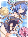  1girl bare_shoulders black_shirt blue_background blue_eyes blue_hair blush bottomless chains checkered checkered_background choker collarbone earth_(ornament) hat heart hecatia_lapislazuli hemogurobin_a1c looking_at_viewer moon_(ornament) off_shoulder open_mouth polos_crown shirt shirt_pull short_hair short_sleeves solo standing teardrop tears thigh_gap touhou wavy_mouth wrist_cuffs 