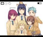  5girls ^_^ akni animal_ears aqua_hair blazer blonde_hair blue_eyes blue_hair blush brown_eyes brown_hair closed_eyes dated double_v glasses hair_between_eyes hat hirose_sumire locked_arms long_hair matano_seiko miyanaga_teru multiple_girls necktie oohoshi_awai open_mouth party_hat red_eyes redhead saki school_uniform shibuya_takami short_hair smile sweater tiger_ears tiger_print v viewfinder violet_eyes 